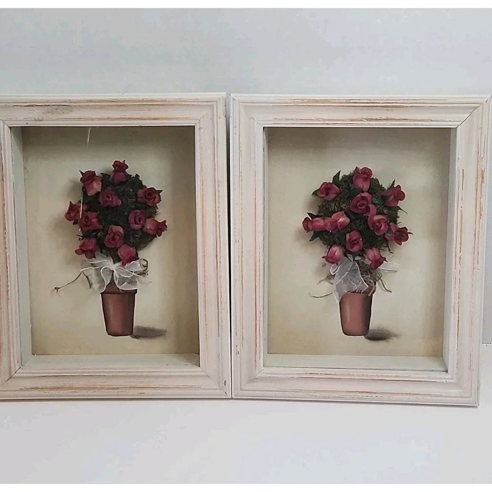 Vintage 1990s Constance Lael Topiary Rose Shadow Box Frame Wall Art Pair Set 2